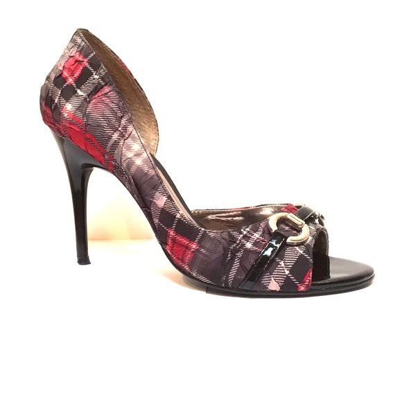 Carlos Santana Shoes - Carlos Santana Black & Red Plaid Open Toe Heels